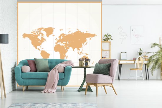 Papier peint photo vinyle - Carte du monde minimaliste en orange | Papier peint Wereldkaart largeur 280 cm x hauteur 280 cm - Tirage photo sur papier peint (disponible en 7 tailles)