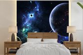 Behang - Fotobehang Kleurrijke afbeelding van de melkweg met planeten - Breedte 240 cm x hoogte 240 cm