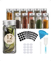 12 Glazen Kruidenpotjes met Strooideksel - Vierkante Kruidenstrooier - Complete Set met Stickers, Trechter, Stift en Borstel