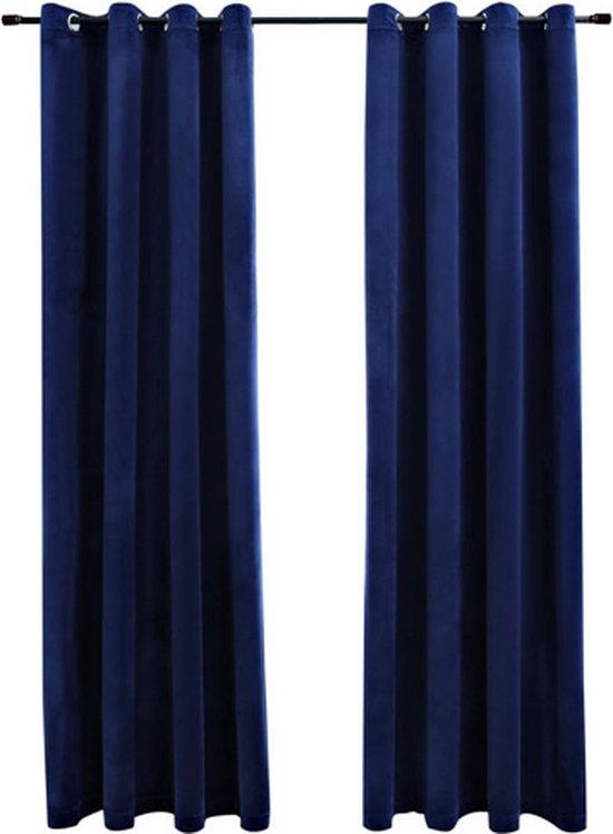 Donkerblauwe velours gordijnen met ringen, 2 stuks, 140x225 cm.