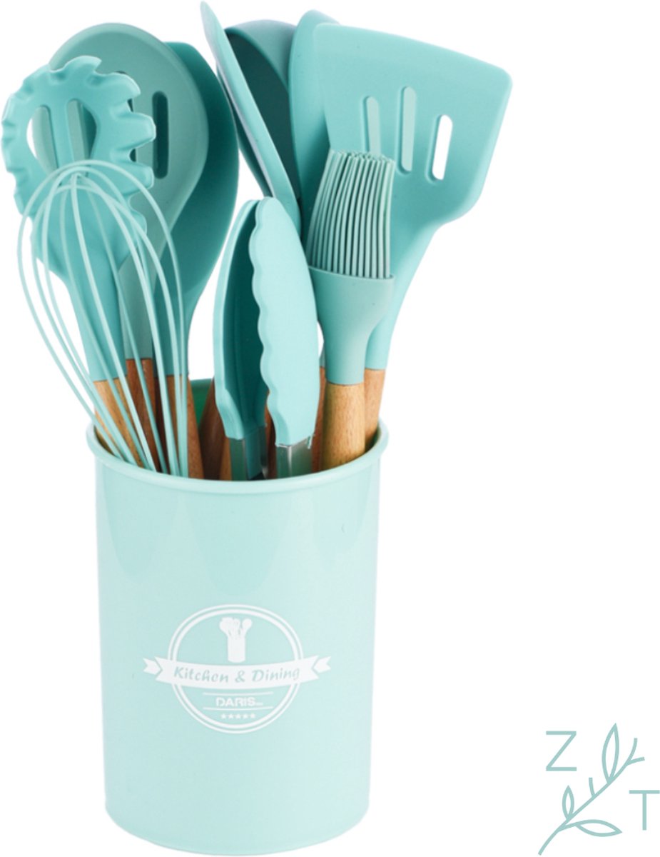 ZijTak - Keukenset -Keukengerei set - Groen Blauw - 12 stuks - Soeplepel - Ronde Schuimspaan - Tang - Wokspaan - Spatel - Spaghettilepel - Opscheplepel - Insmeerborstel - Garde - Pannenlikker - Hout - Silicone