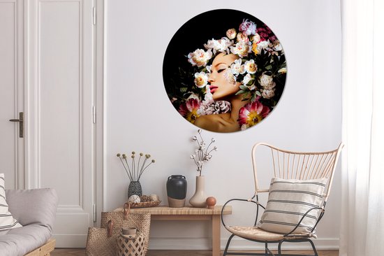 Cercle Mural - Cercle Mural Intérieur - Femmes - Fleurs - Roses - Portrait - ⌀ 140 cm - Décoration murale - Peintures Ronds