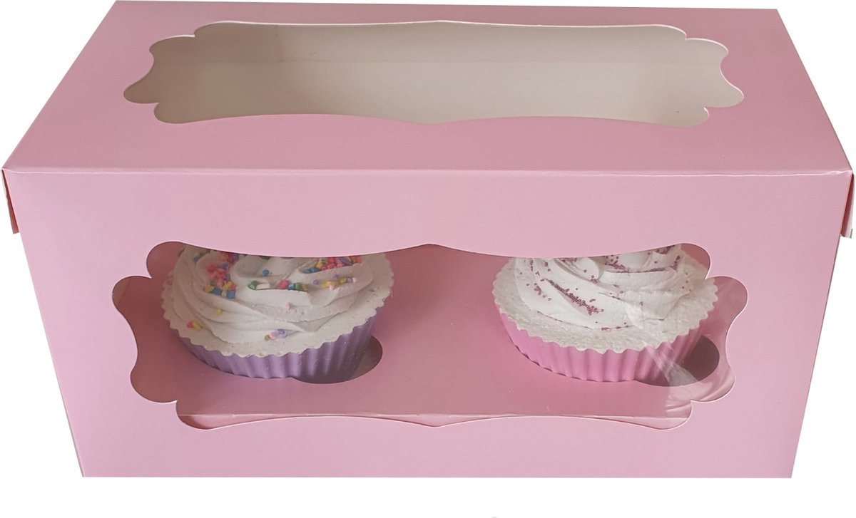 Roze doos voor 2 cupcakes met sierlijk venster (25 stuks)