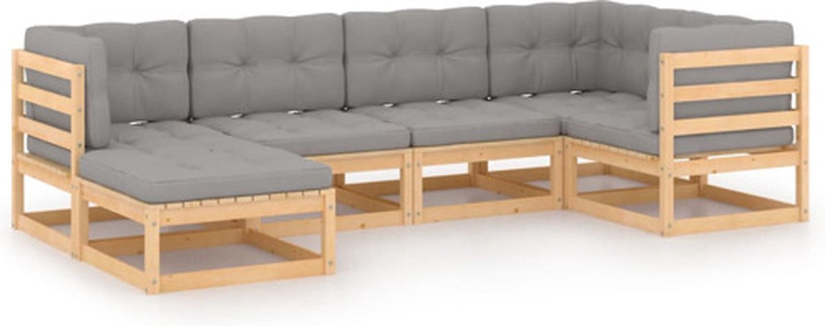 vidaXL 6-delige - Loungeset - met - kussens - massief - grenenhout Naturel