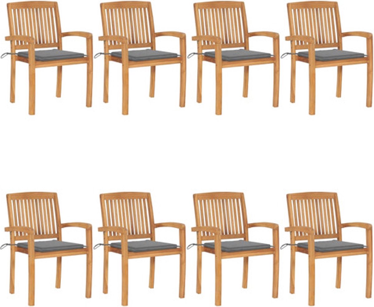 vidaXL - Tuinstoelen - stapelbaar - 8 - st - met - kussens - massief - teakhout
