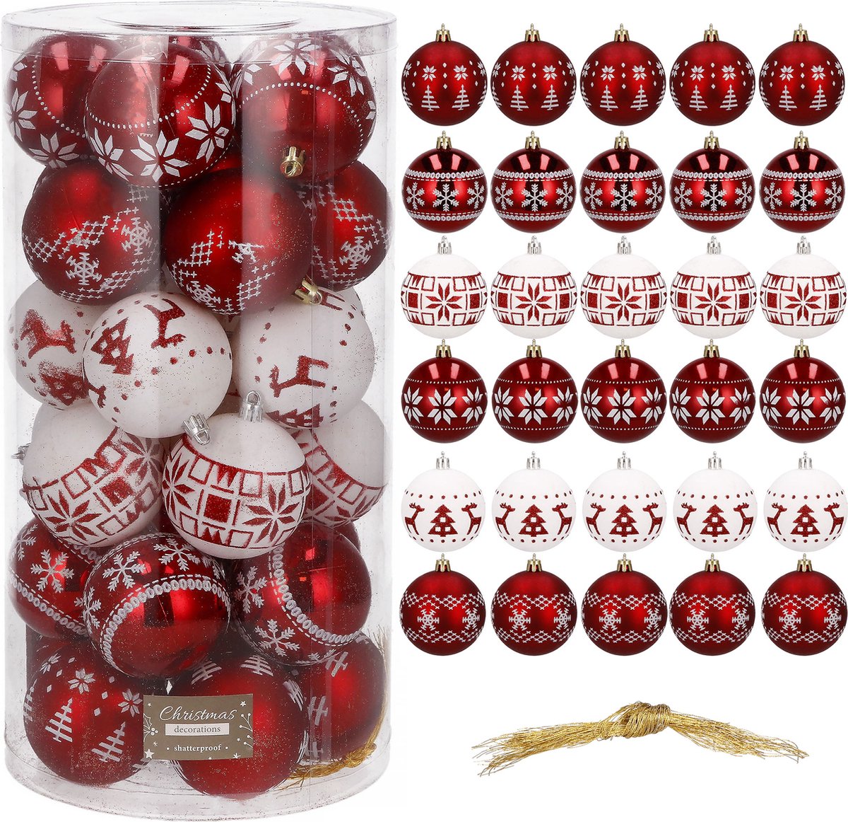 Springos Kerstballen | Kerstversiering | Onbreekbaar | 30 Stuks | 5 cm | Rood/Wit – foto 6