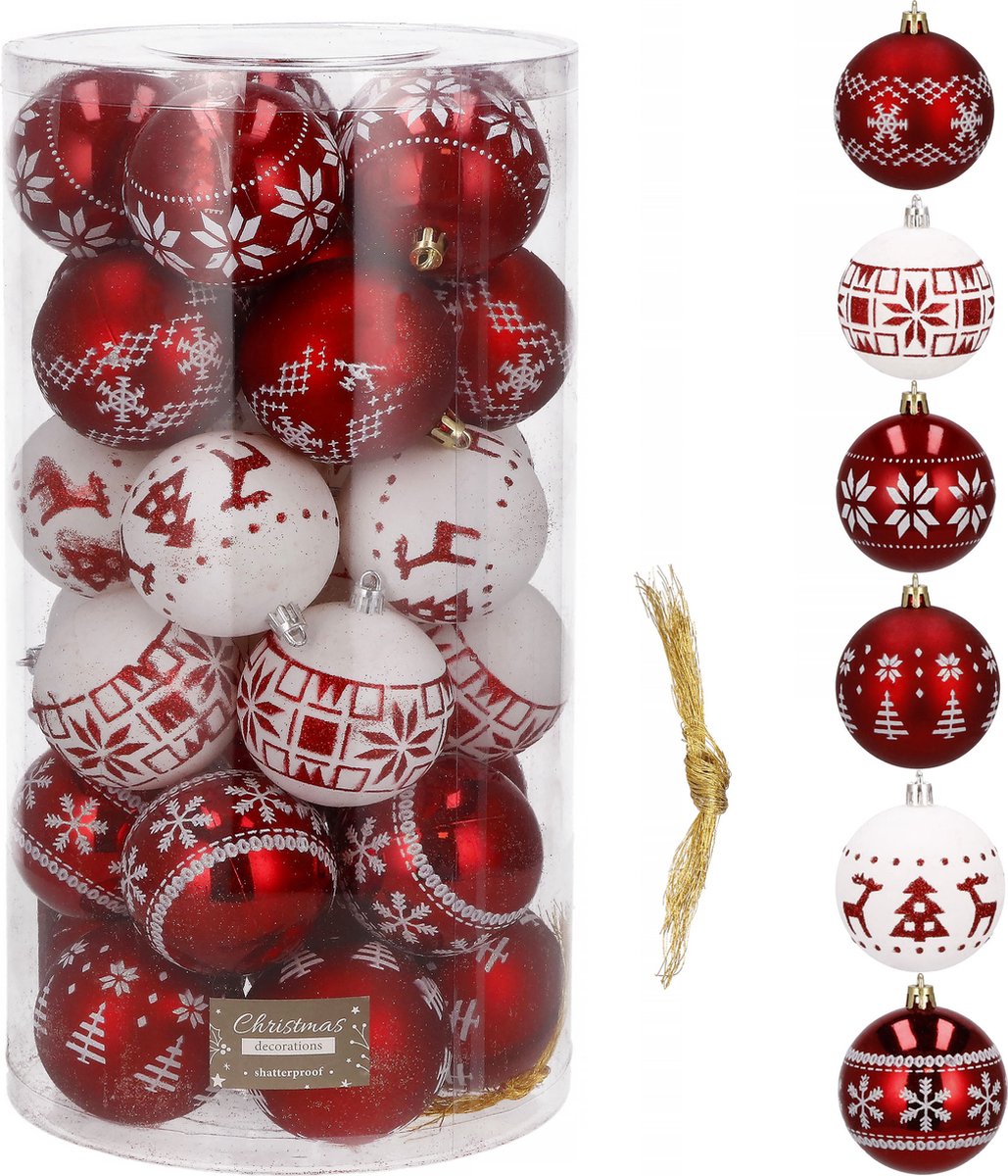 Springos Kerstballen | Kerstversiering | Onbreekbaar | 30 Stuks | 5 cm | Rood/Wit
