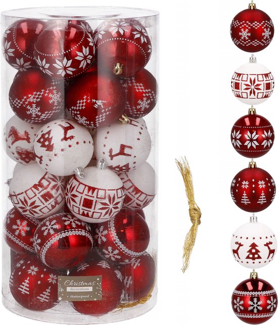 Boules de Boules de Noël Springos | Décorations de Noël | Incassable | 30 pièces | 5 cm | rouge blanc