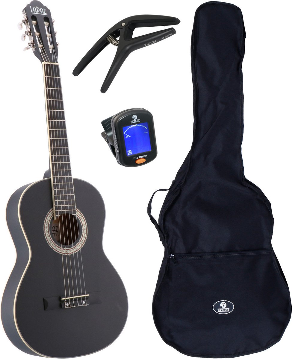 LaPaz C30BK klassieke gitaar 3/4-formaat zwart + gigbag + accessoires