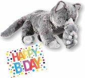 Pluche knuffel kat/poes grijs van 32 cm met A5-size Happy Birthday wenskaart - Verjaardag cadeau setje