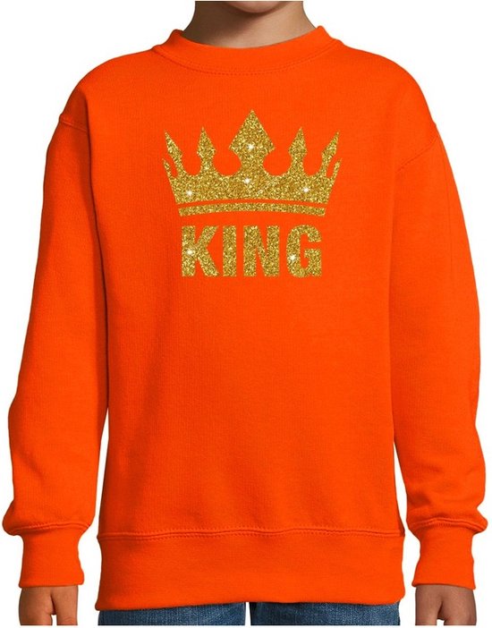 Oranje Koningsdag gouden glitters print - King - sweater / trui - kinderen - kleding - met gouden print 96/104 (3-4 jaar)