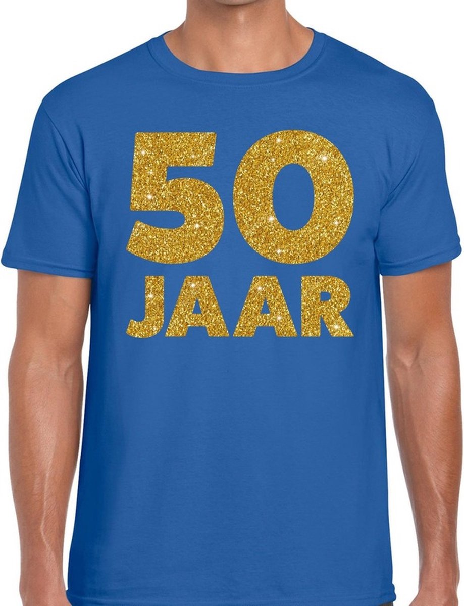 50 Jaar verjaardag - gouden glitters tekst - t-shirt - blauw - heren - korte mouwen - Abraham pop kleding XXL
