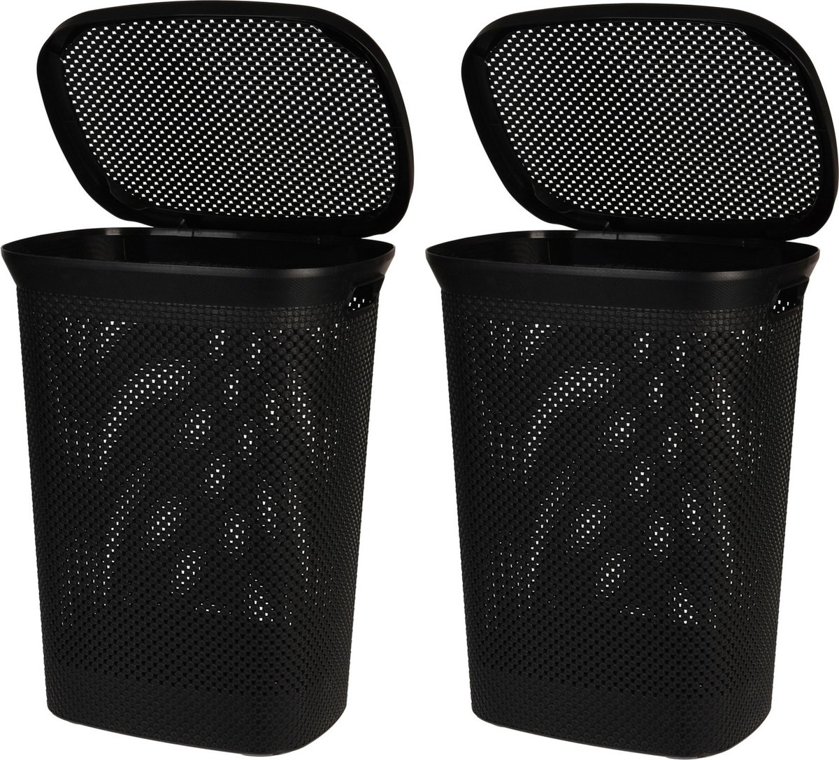 Bathroom Solutions Wasmand - Set van 2x stuks - zwart - 60 liter - 37 x 46 x 60 cm - met deksel