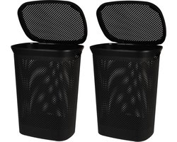 Bathroom Solutions Wasmand - Set van 2x stuks - zwart - 60 liter - 37 x 46 x 60 cm - met deksel