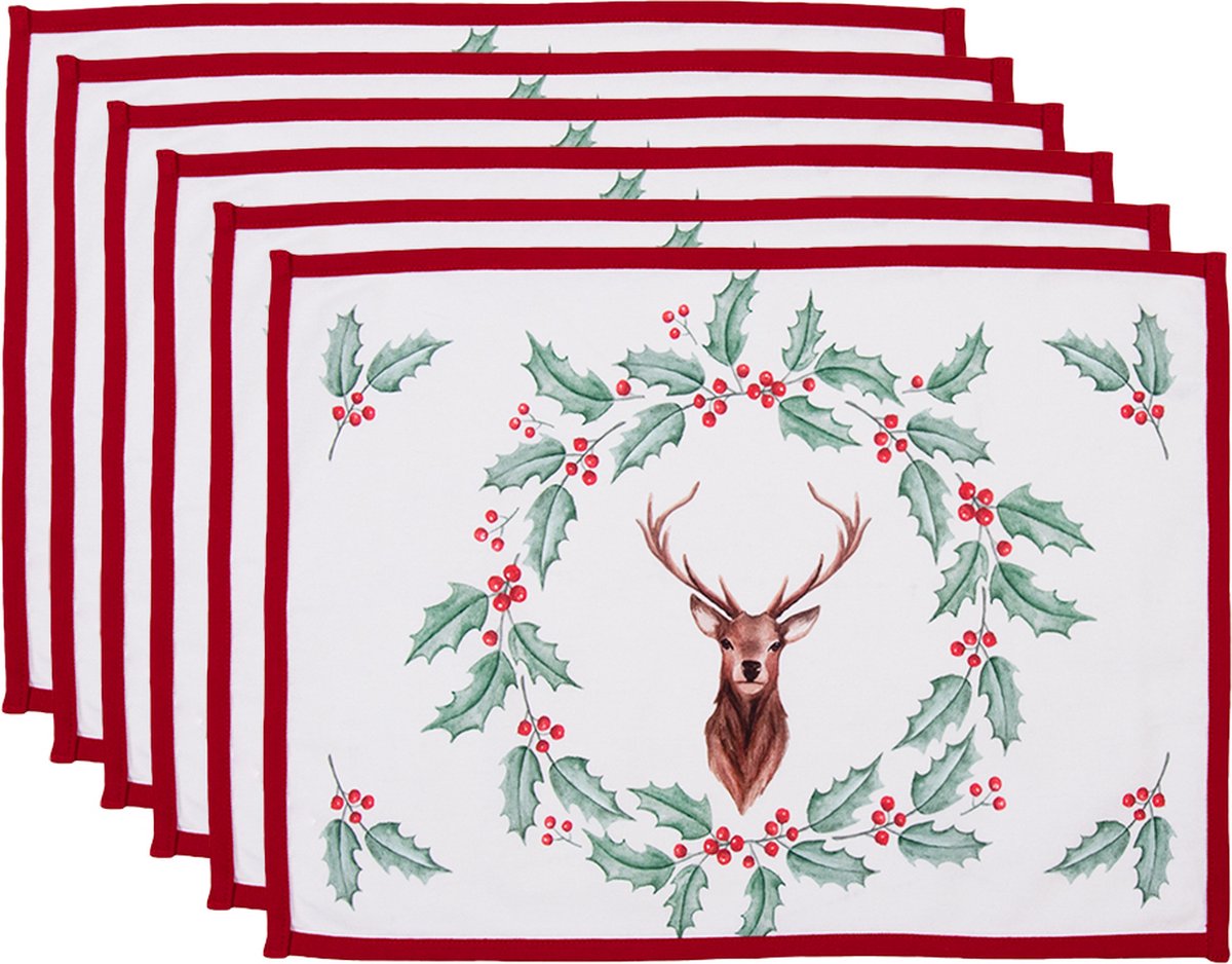 Clayre & Eef Placemats Set van 6 48x33 cm Wit Rood Katoen Hert Hulstbladeren