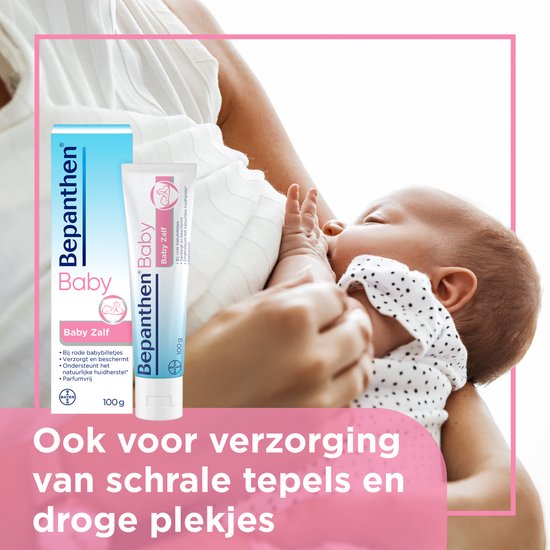 Moeder houdt baby vast; Bepanthen Baby Zalf tube en doos zichtbaar. Tekst 'Ook voor verzorging van schrale tepels en droge plekjes'.