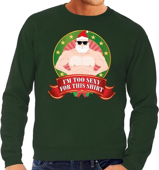 Foto: Foute kersttrui sweater groen blote kerstman im too sexy for this shirt heren xl