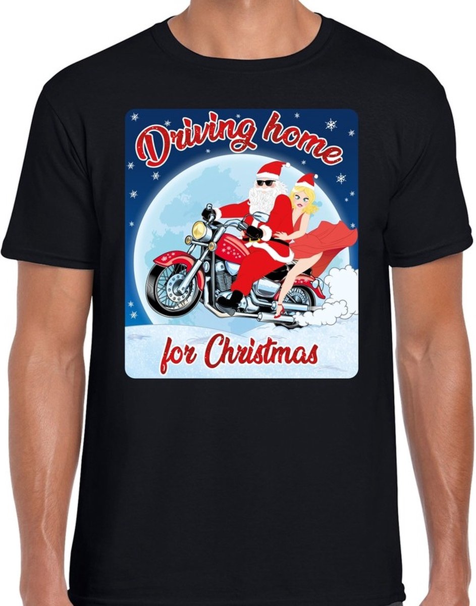 Afbeelding van product Bellatio Decorations  Fout Kerstshirt / t-shirt - Driving home for christmas - motorliefhebber / motorrijder / motor fan zwart voor heren - kerstkleding / kerst outfit XXL  - maat XXL