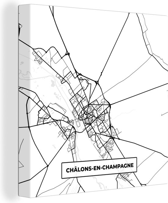 Canvas Schilderij Châlons-en-Champagne - Frankrijk - Plattegrond - Stadskaart - Kaart - Zwart wit - 50x50 cm - Wanddecoratie