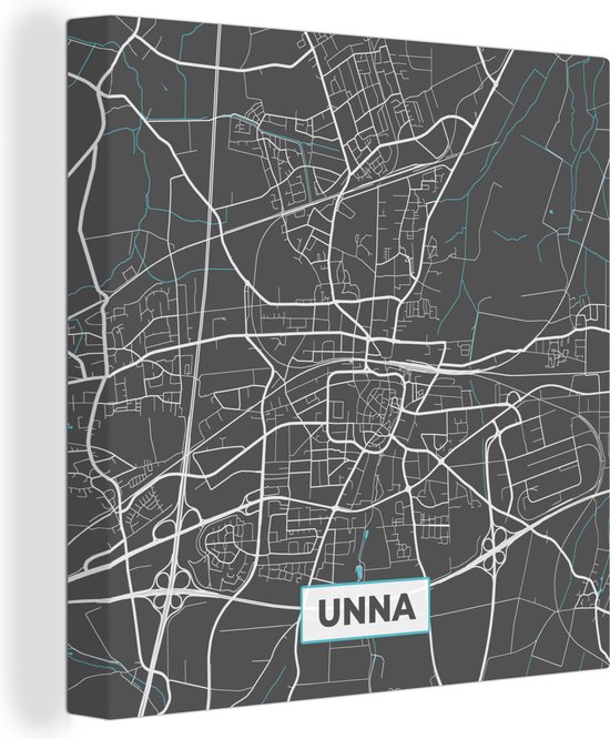 Canvas Schilderij Stadskaart – Plattegrond – Duitsland – Blauw – Unna – Kaart - 20x20 cm - Wanddecoratie