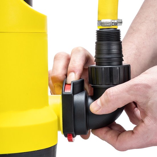 Detail van de 360 graden draaibare aansluiting van de gele dompelpomp.