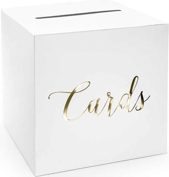 Foto: Bruiloft huwelijk artikelen witte enveloppendoos met gouden tekst cards 24 x 24 cm van karton