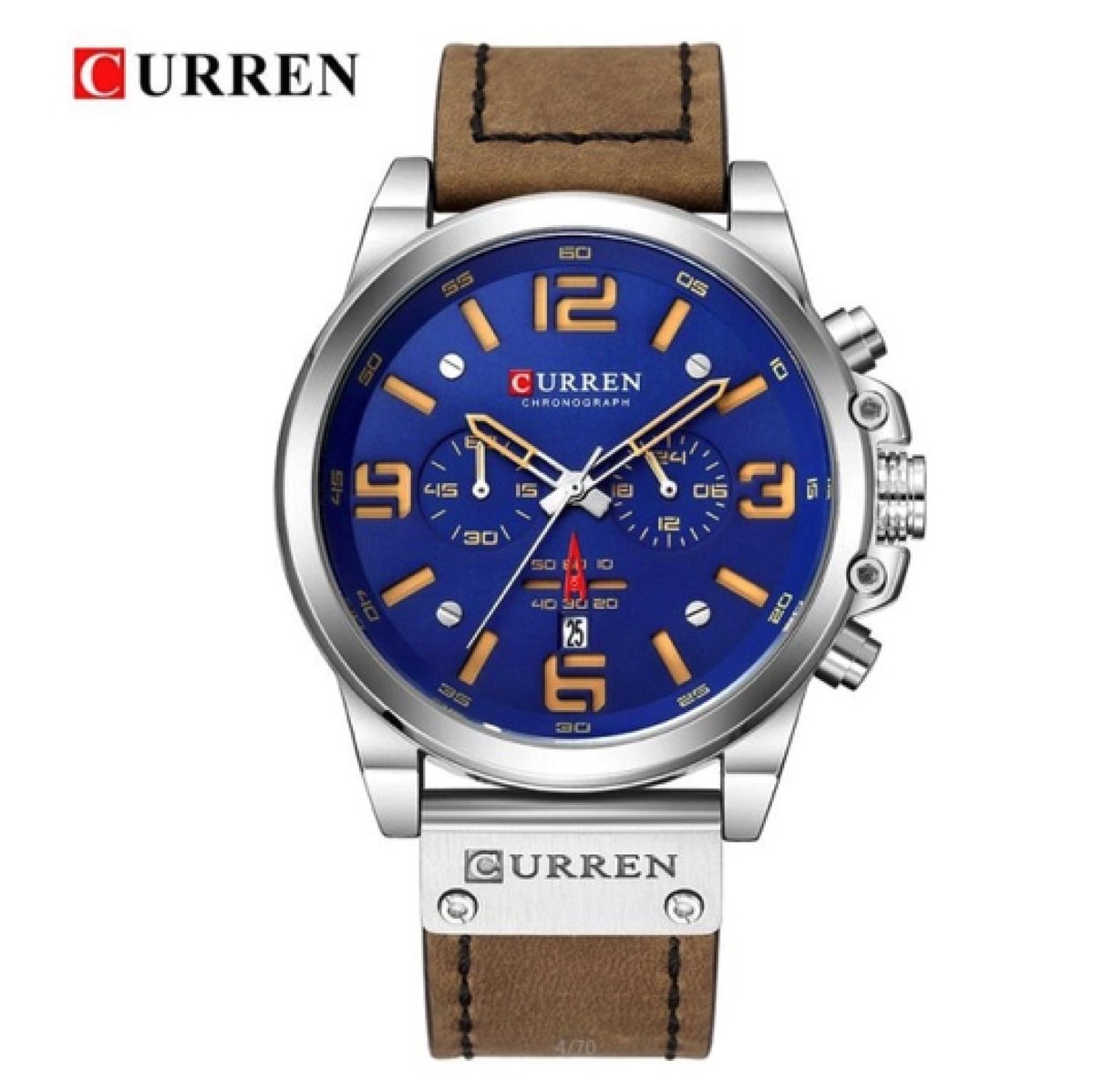 Curren Horloge Ø 47 - Met Datumaanduiding - Bruin/Zilver/Blauw - Kunstleer - Inclusief Horlogedoosje