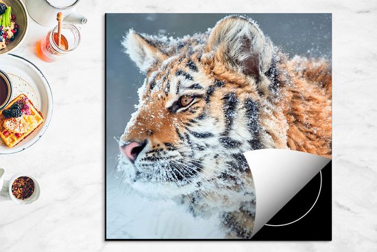 Chefcare Inductie Beschermer Tijger tijdens de Sneeuw - 78x78 cm - Afdekplaat Inductie - Kookplaat Beschermer - Inductie Mat