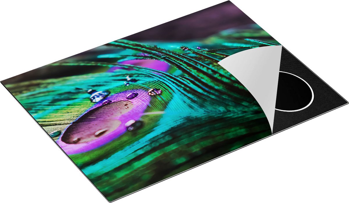 Chefcare Inductie Beschermer Kleurrijke Pauw Veer met Waterdruppels - 71x52 cm - Afdekplaat Inductie - Kookplaat Beschermer - Inductie Mat
