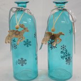 Sierfles - kerstvaas - kaarsenhouder - kerstdecoratie - lichtblauw - glas met decoratie - set van 2 stuks
