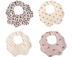 4 Stuks Hydrofiele Slabbetjes Bloemvorm – 6 Lagen – Hartjes & Regenboog – Absorberende Baby Slabbetjes – 100% Katoen