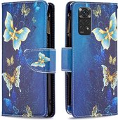 Xiaomi Redmi Note 11 / Note 11S - Portemonnee met rits - book-case hoesje - ruimte voor 9 pasjes - goud blauw vlinders