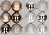 12x stuks kunststof kerstballen mix van champagne en zilver 8 cm - Kerstversiering