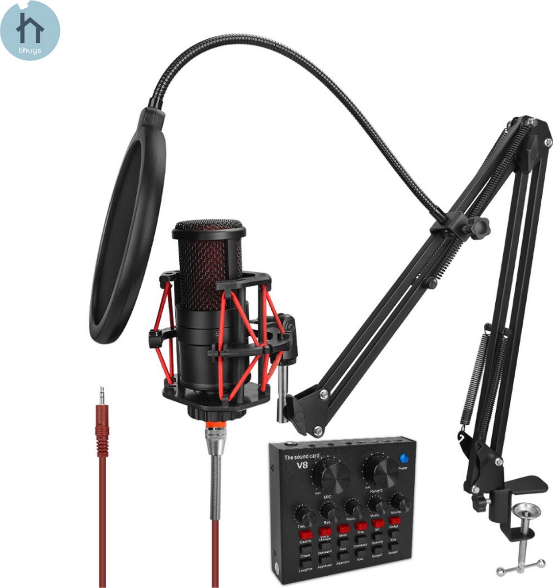 Microfoon - Microfoon Met Arm Professioneel - Microfoon Voor PC Met Audio Interface- USB - Zwart/Rood