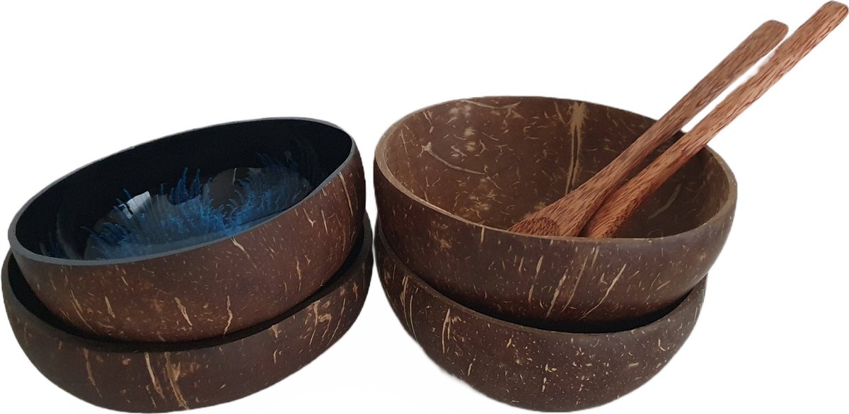 Coconut bowl set - Handgemaakt van Gerecycleerde kokosnoten (set van 4 bowls en 2 lepels) - Cadeauset