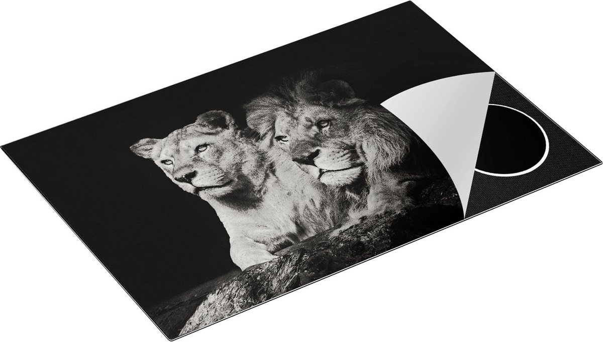 Chefcare Inductie Beschermer Leeuw en Leeuwin - Zwart Wit - 80x52 cm - Afdekplaat Inductie - Kookplaat Beschermer - Inductie Mat