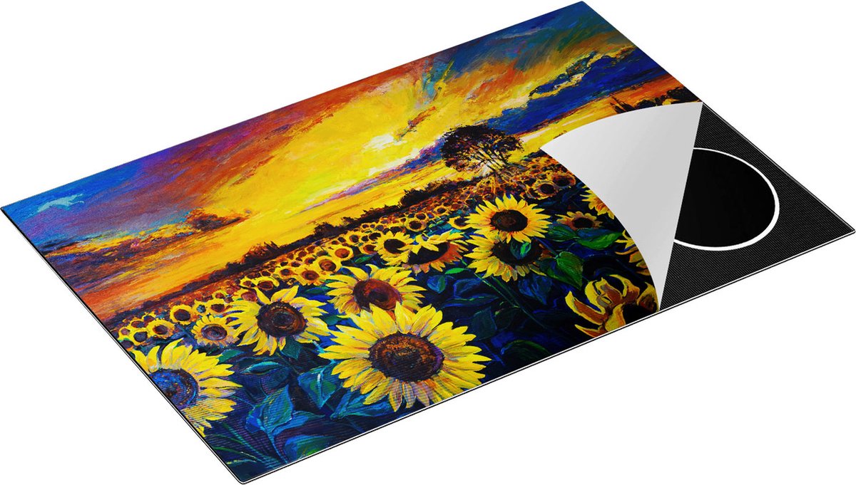 Chefcare Inductie Beschermer Getekende Zonnebloemen Veld met Olieverf - 81,2x52 cm - Afdekplaat Inductie - Kookplaat Beschermer - Inductie Mat