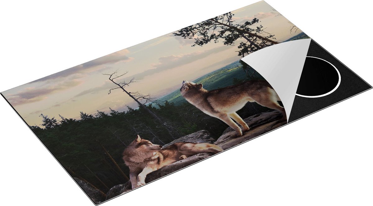 Chefcare Inductie Beschermer Drie Wolven op een Rots in het Bos - 90x50 cm - Afdekplaat Inductie - Kookplaat Beschermer - Inductie Mat