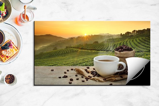 Chefcare Inductie Beschermer Kopje Koffie op een Plantage Achtergrond6 - 95x50 cm - Afdekplaat Inductie - Kookplaat Beschermer - Inductie Mat