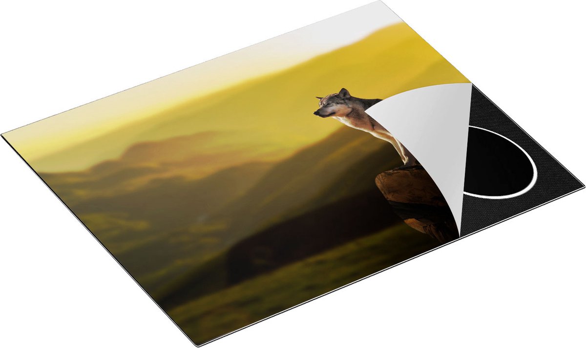 Chefcare Inductie Beschermer Wolf op een Rots met een Heuvel Landschap - 65x52 cm - Afdekplaat Inductie - Kookplaat Beschermer - Inductie Mat