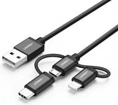 USB 2.0 A To Micro USB+Lightning+Type C (3 in 1) Cable - Zwart