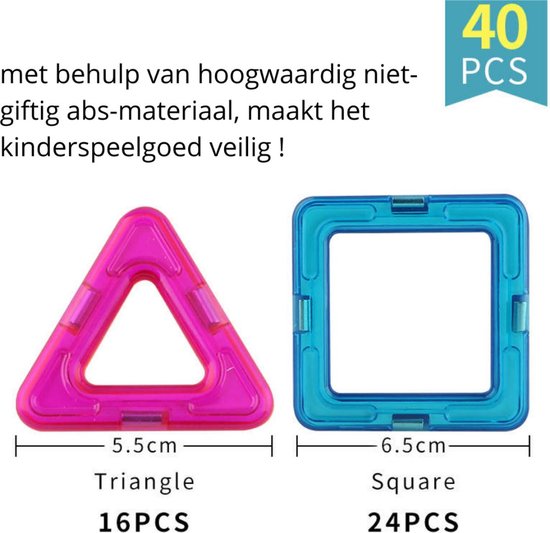 Een roze driehoek en een blauw vierkant van magnetisch bouwspeelgoed.