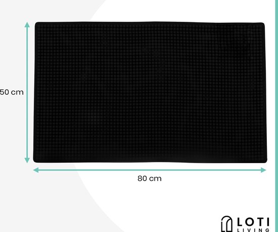 Zwarte badmat van 50x80 cm, getoond met afmetingen.