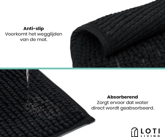 Detail van de anti-slip en absorberende textuur van de zwarte badmat.