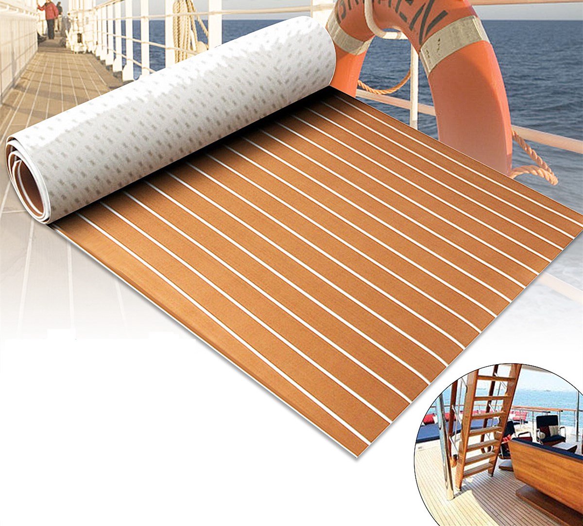 ELUTO 240x60cmx5mm Decking Zelfklevende Bootmat-Decking Self Adhesive Boat Mat-Premium EVA Teak Foam Decking Mat-Teak Boats Flooring-Teak Yacht Flooring-Teak Boten Vloerbedekking-Teakhouten Jachtvloeren-Wasbaar-Bruin en wit