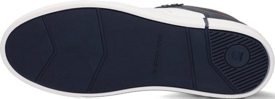 Zool van een blauwe G-Star Raw sneaker. Witte zoolrand en gestreept zoolpatroon.