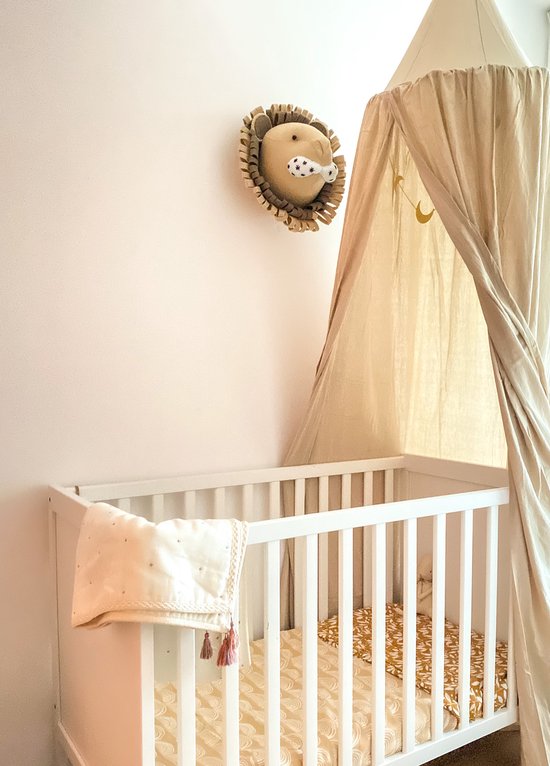 Baby Fancyroom Bedhemel Beige Decoratieset Kinderkamer Baldakijn Pomponslinger van Premium Tule (Huisbedhemel Beige zonder Vlinders, 340 cm