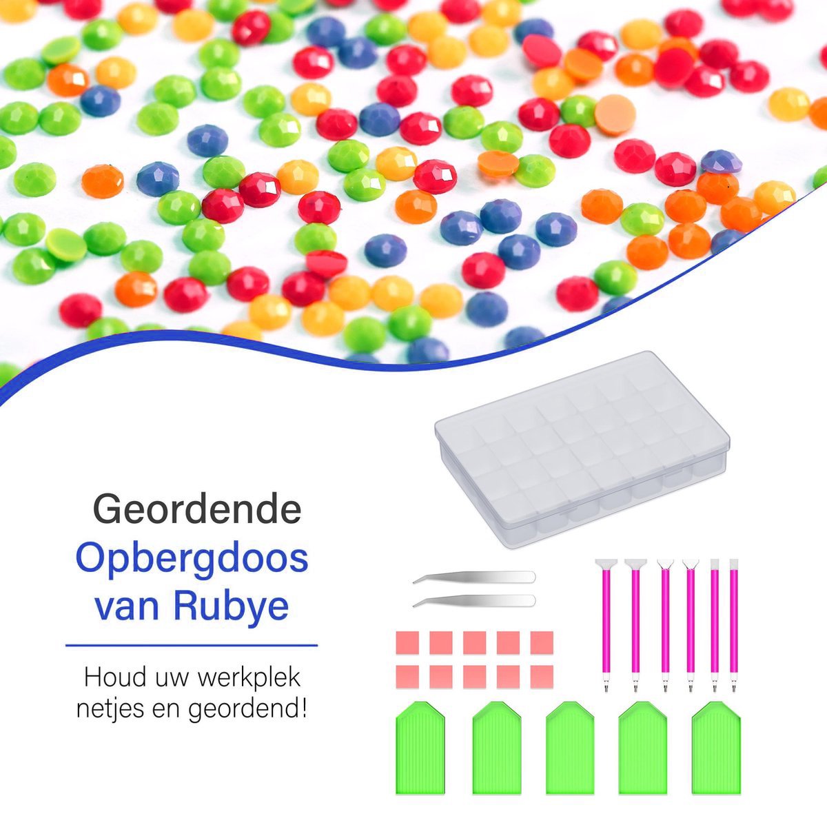 Rubye® Diamond Painting Accessoires Pakket - Opbergdoos - Diamond Painting Volwassenen - Pennen - Wax - Schudbakjes - Pincet - Etui - Starterspakket — afbeelding 5