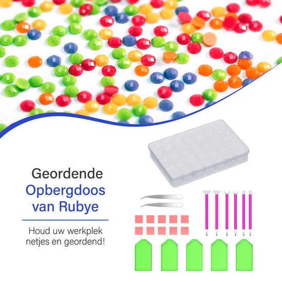 Diamants colorés, une boîte de rangement transparente, des stylos et des plateaux verts. Texte 'Boîte de Rangement Organisée de Rubye'.