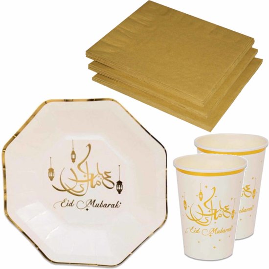 Tafel dekken Ramadan feestartikelen wit/goud 24x bordjes/24x drink  bekers/40x servetten | bol.com